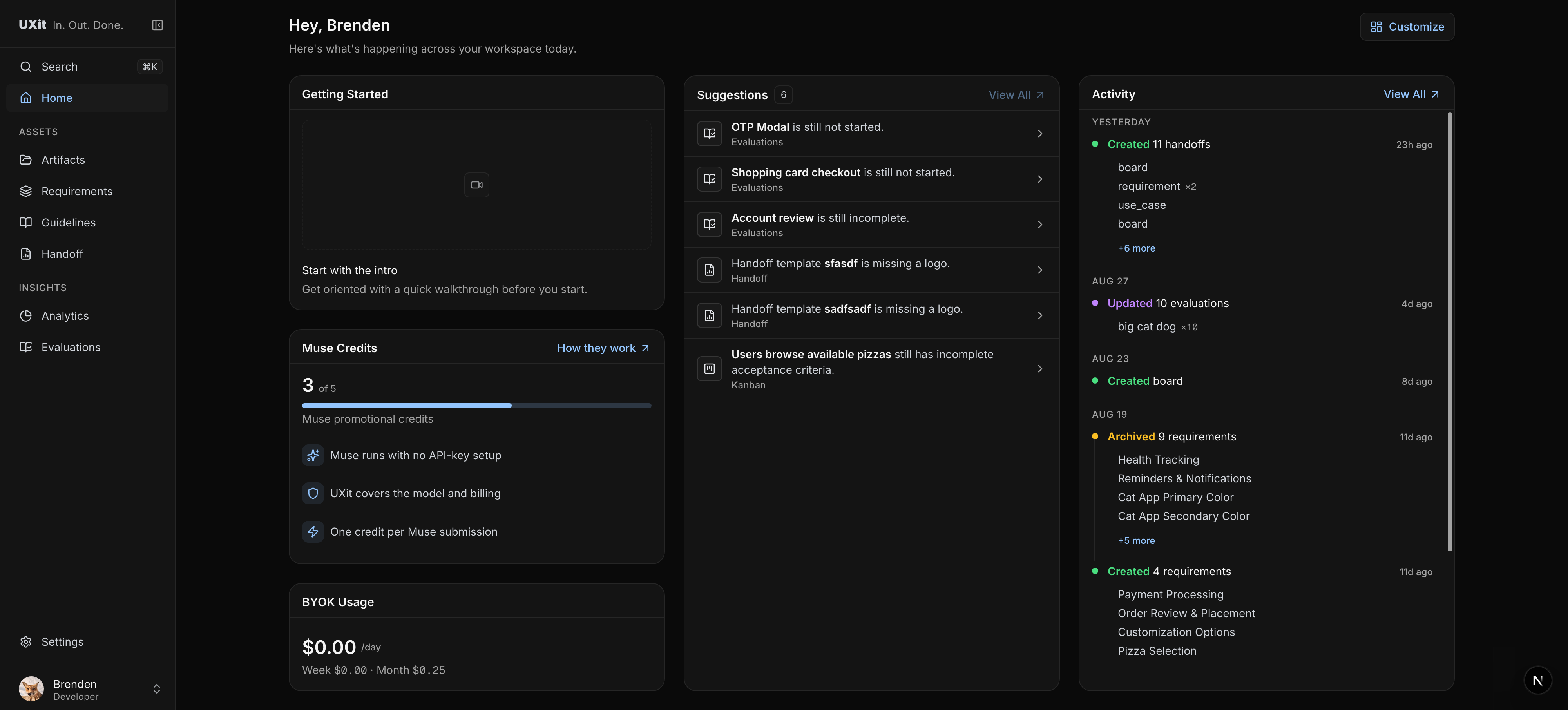 UXit workspace home dashboard